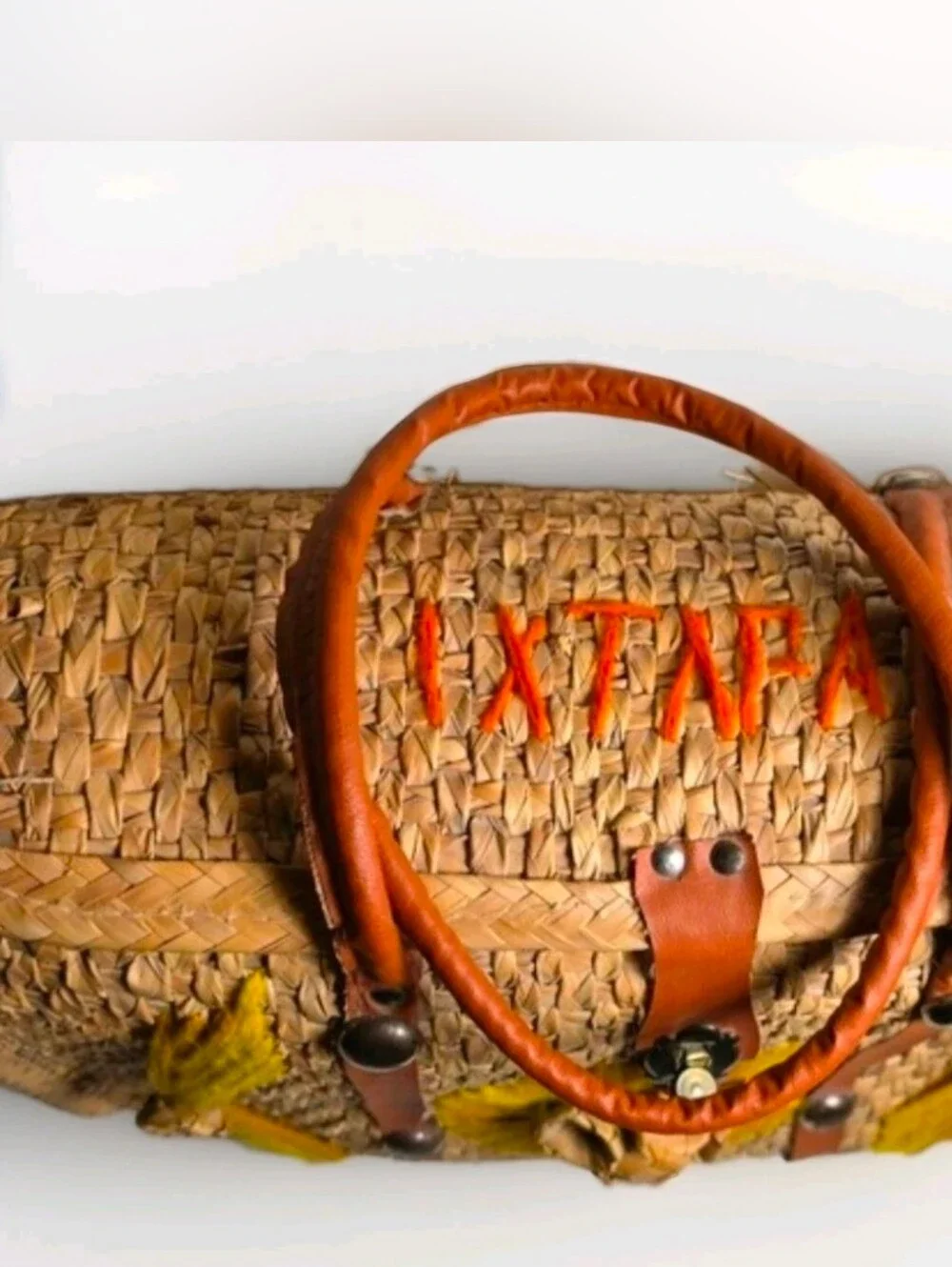 Woven Straw Tote Bag with Yellow Embroidery